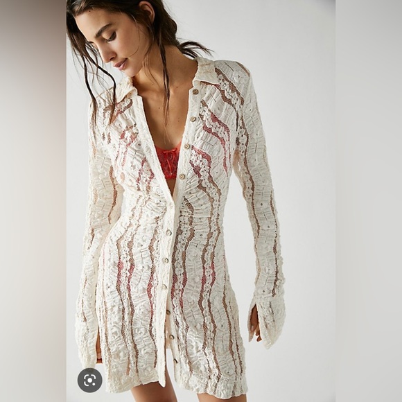Free People Dresses & Skirts - Free People Cream Lace Button-Front Dress with Red Lining